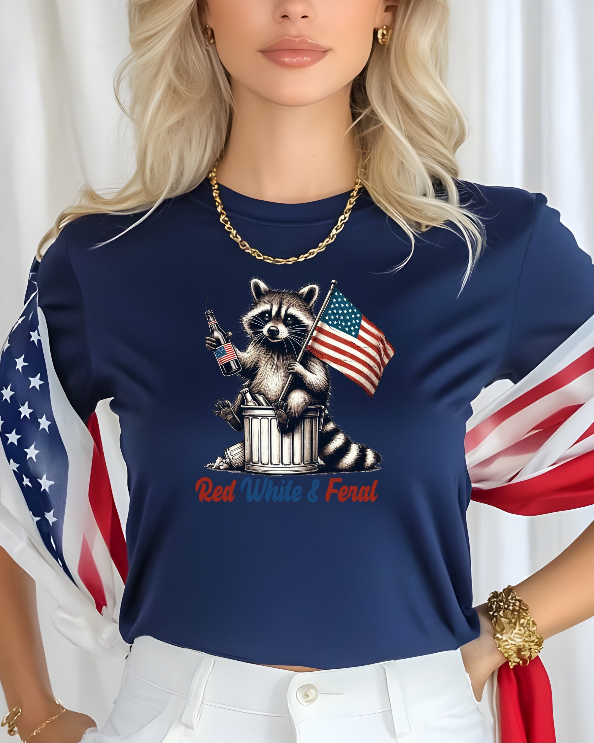Raccoon in trash can with American flag and beer bottle, "Red White & Feral" text.