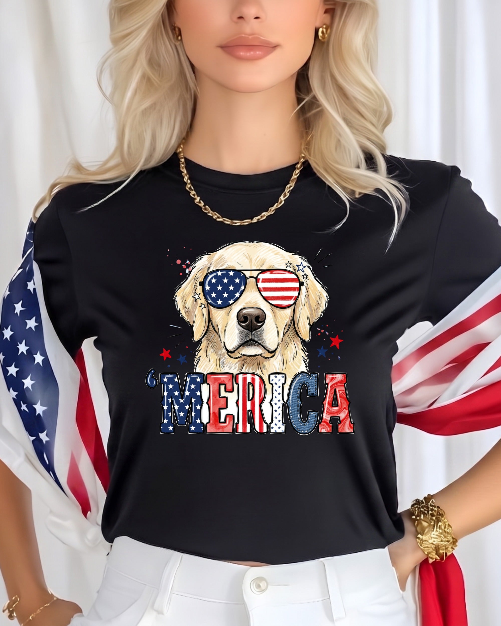 Golden retriever wearing sunglasses with "AMERICA" text on black t-shirt.