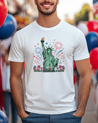 Statue of Liberty with fireworks and flowers design on a white t-shirt.