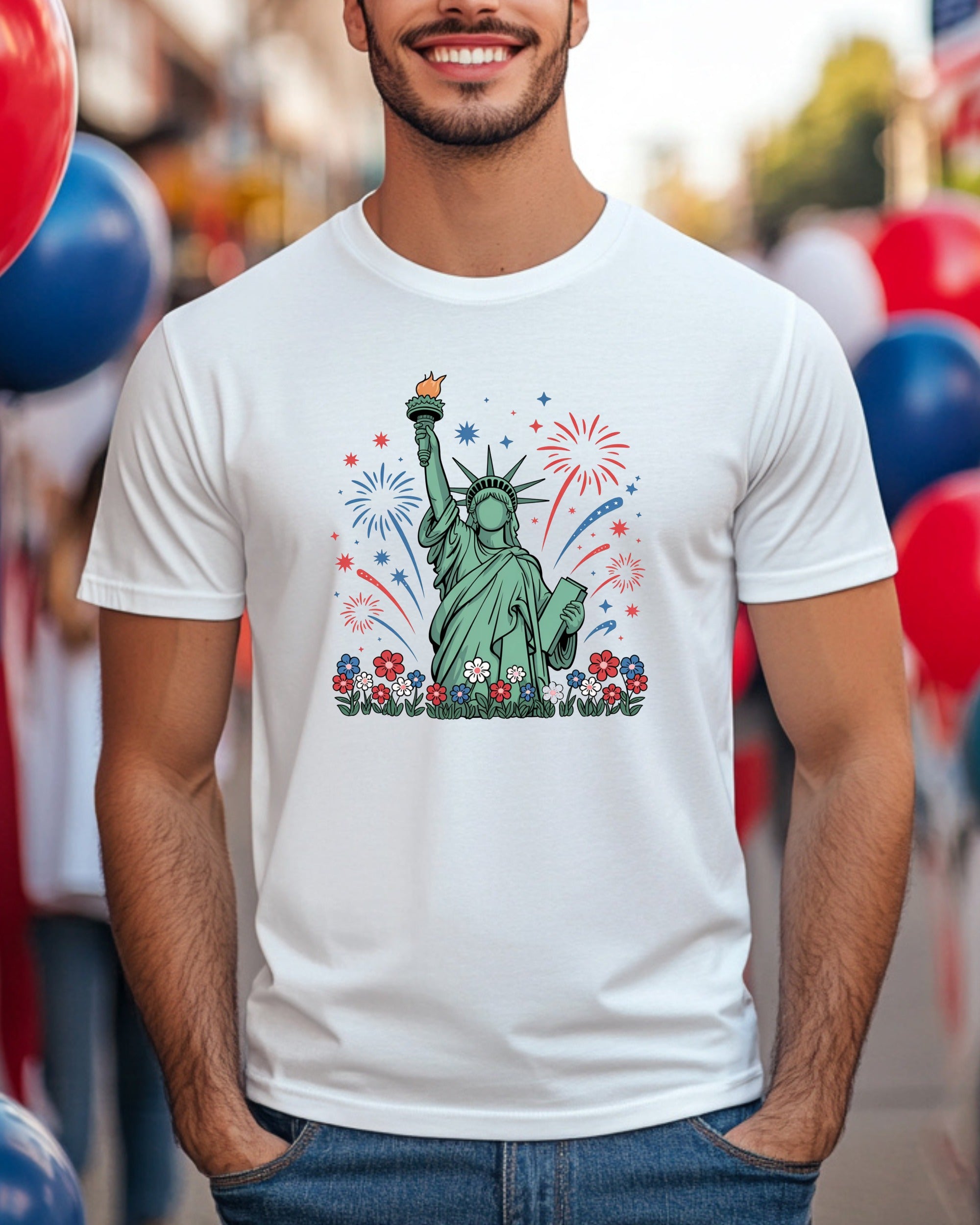 Statue of Liberty with fireworks and flowers design on a white t-shirt.