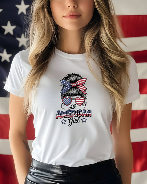 White t-shirt with "All American Girl" text and American flag bow.