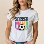 White t-shirt with colorful "SOCCER MAMA" text and a soccer ball.