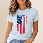Light blue t-shirt with distressed American flag baseball design.