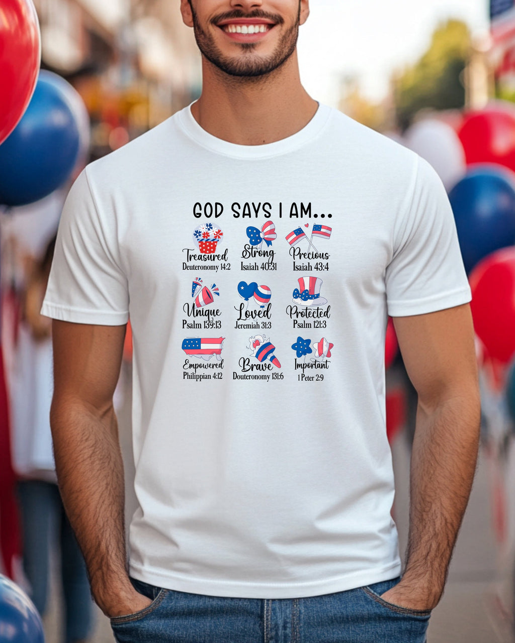 White t-shirt with "GOD SAYS I AM" and Bible verses describing qualities.