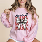Pink sweatshirt with "Baseball Mama" text and a baseball-stitched bow.