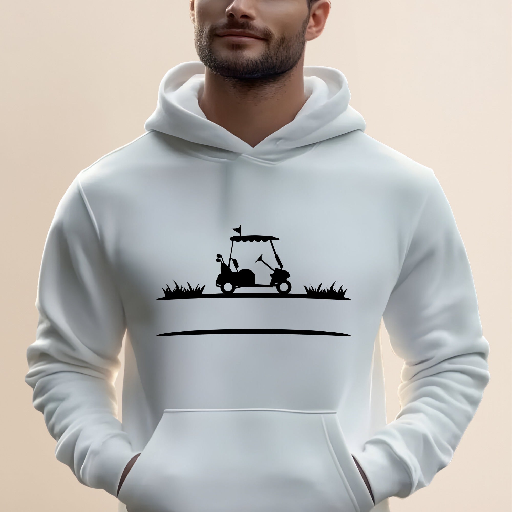 White hoodie with a black graphic of a golf cart on a plain background.