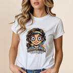T-shirt featuring a cartoon soccer girl with soccer balls for eyes.