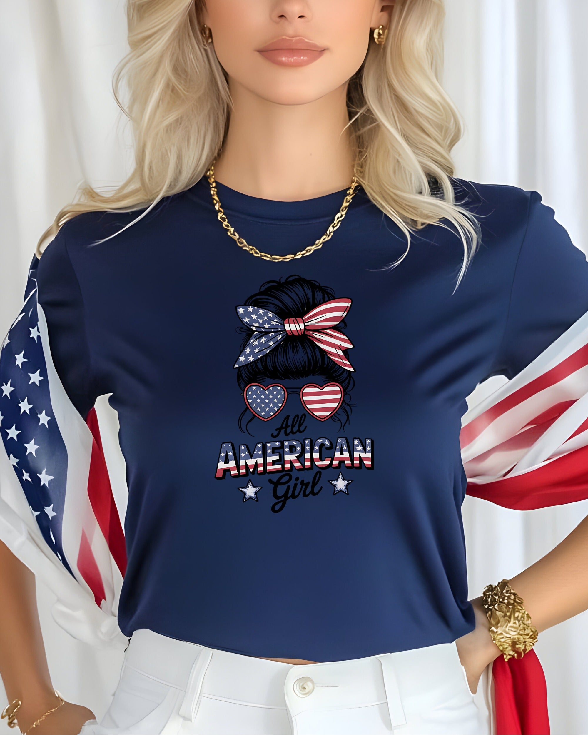 Navy t-shirt with "All American Girl" text and patriotic sunglasses.