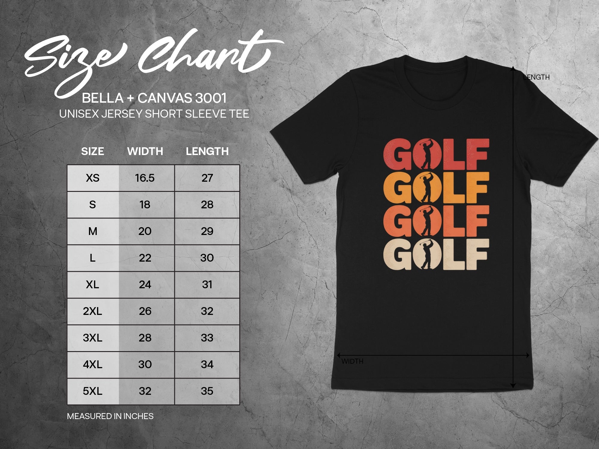 Size chart for Bella + Canvas 3001 unisex short sleeve tee.
