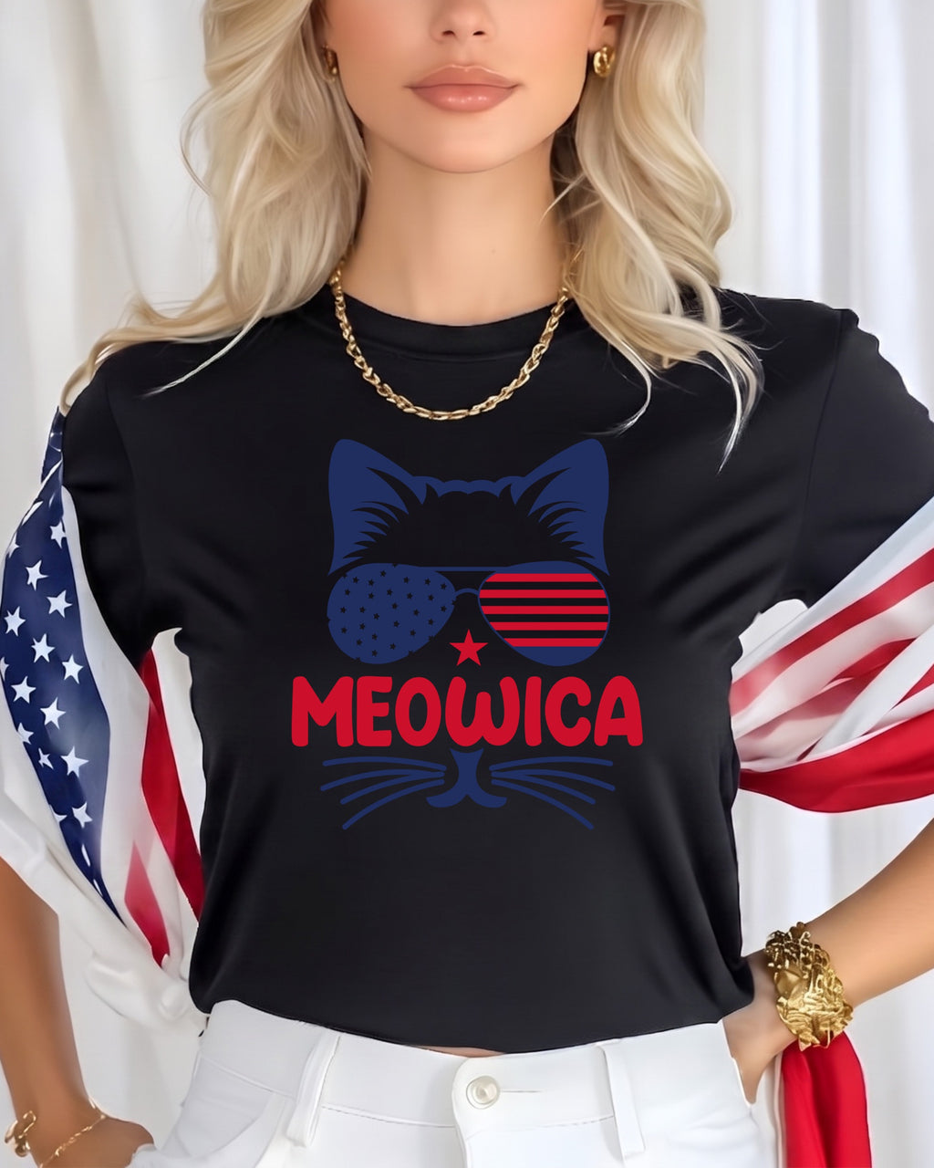 Black t-shirt with sunglasses-wearing cat and "Meowica" text.