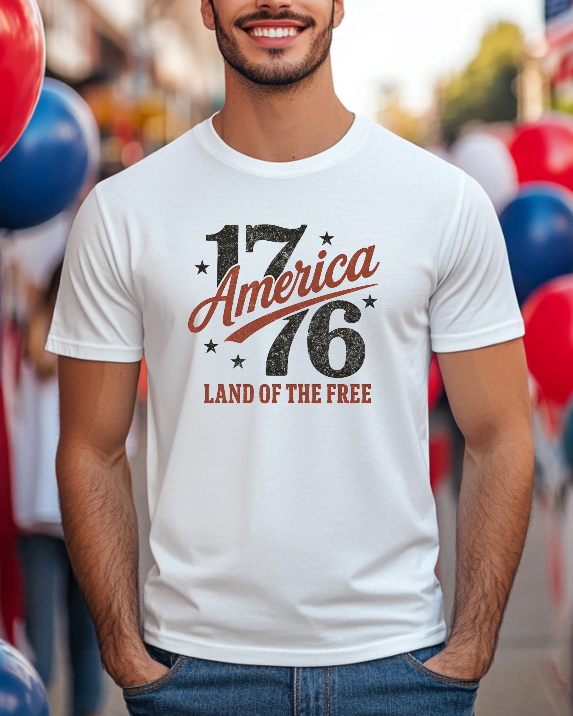 White t-shirt with "1776 America Land of the Free" text.