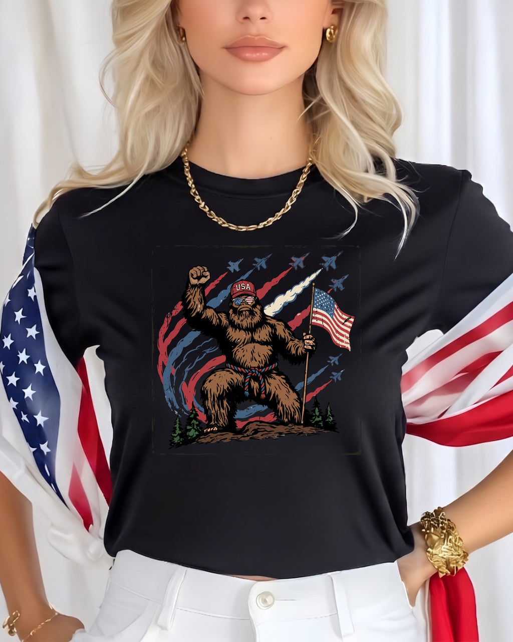 Bigfoot in patriotic attire holding US flag with fighter jets and fireworks.