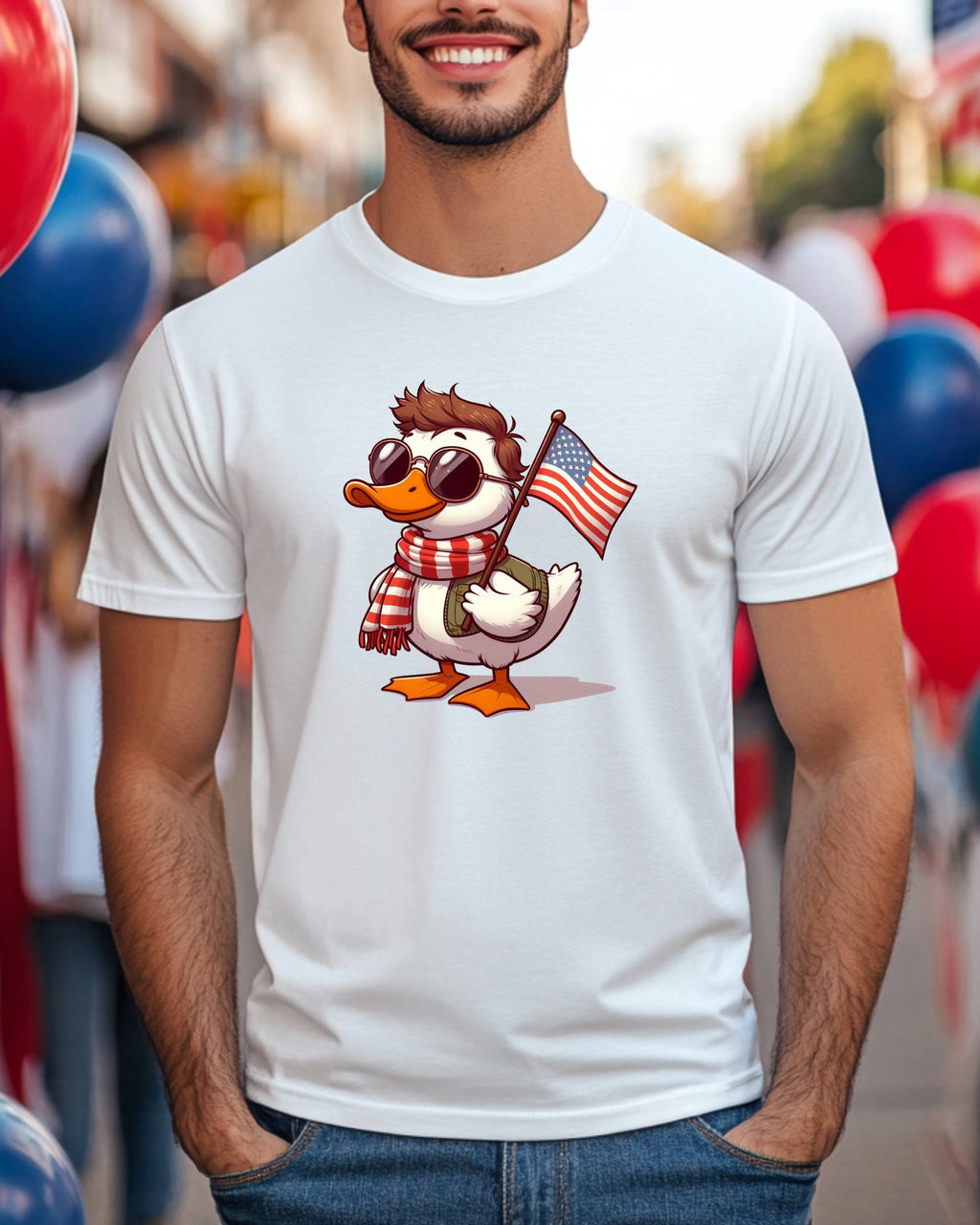 Cartoon duck wearing sunglasses and scarf, holding American flag.