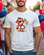 Cartoon duck wearing sunglasses and scarf, holding American flag.