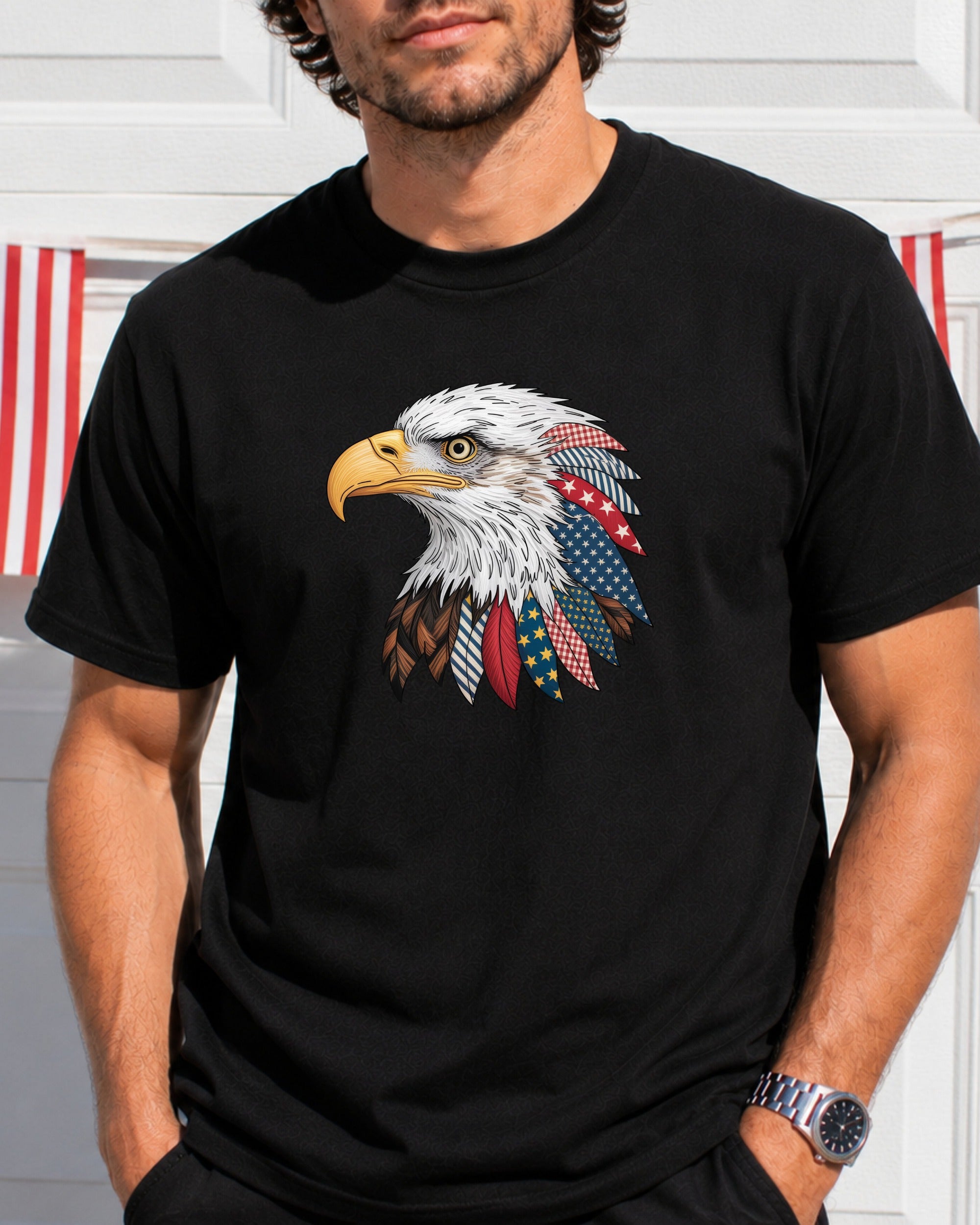 Eagle head graphic with red, white, and blue patterned feathers.