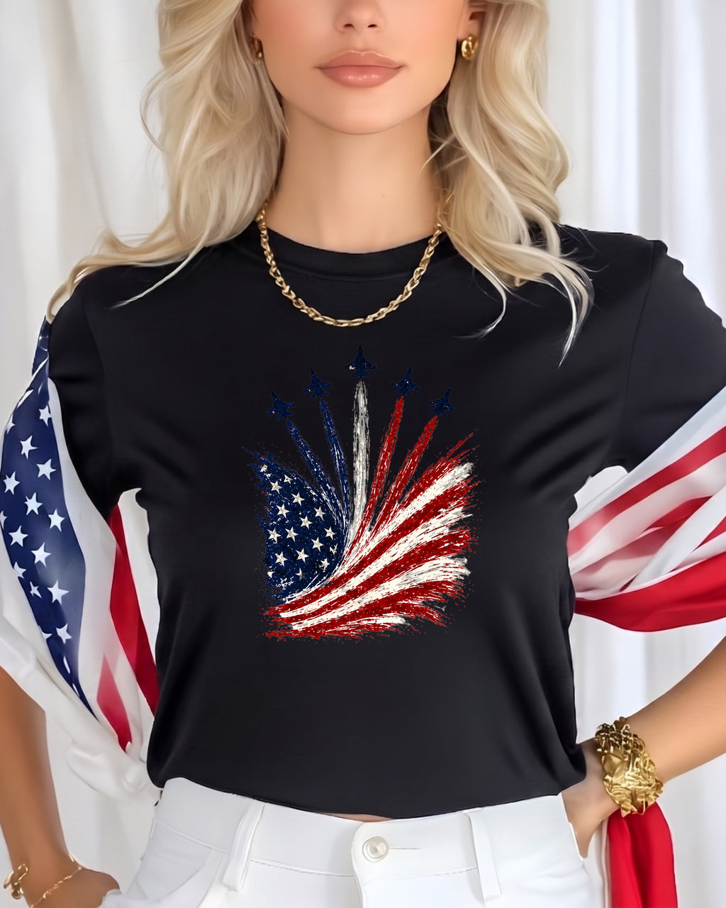 Black t-shirt with American flag and jet fighters graphic.