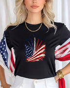 Black t-shirt with American flag and jet fighters graphic.