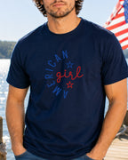 Navy t-shirt with "American Girl" text and star graphics.