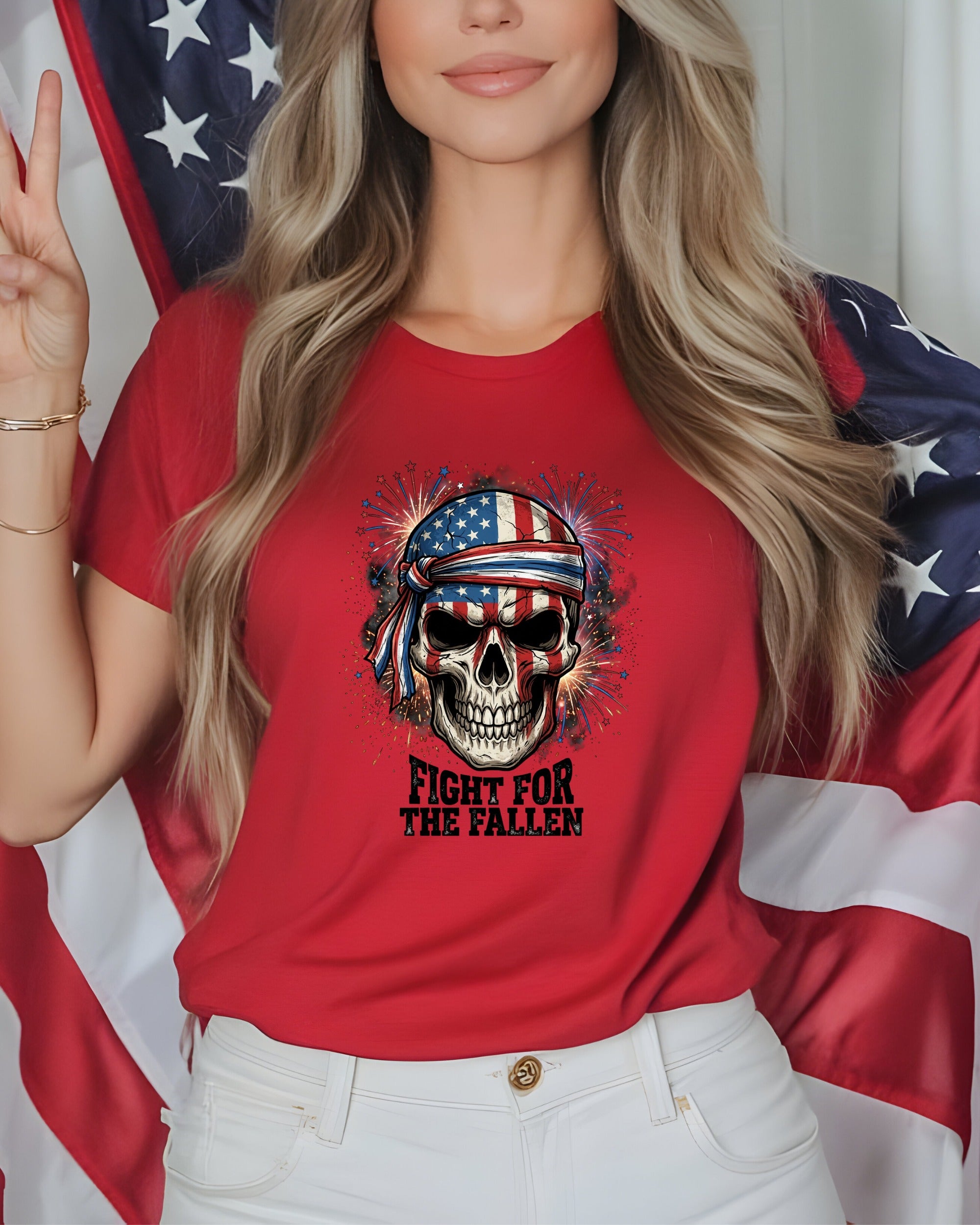 Red t-shirt with skull graphic, American flag bandana, and text "FIGHT FOR THE FALLEN".