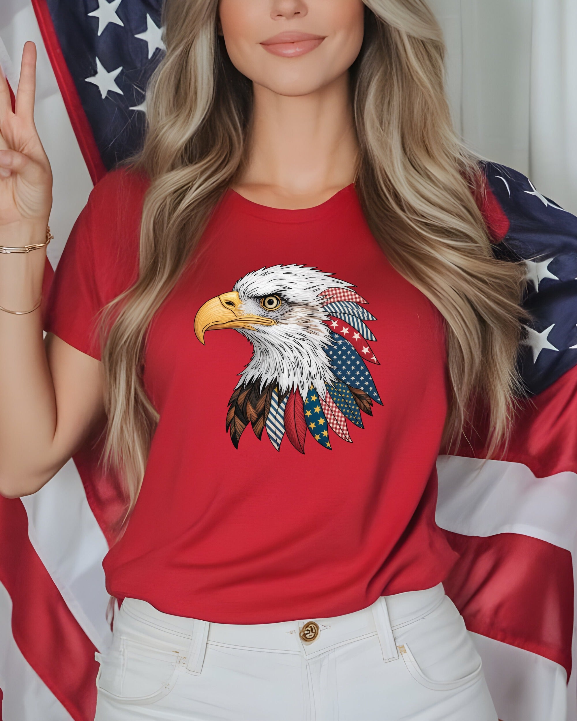 Red t-shirt with eagle graphic featuring patriotic stars and stripes pattern.