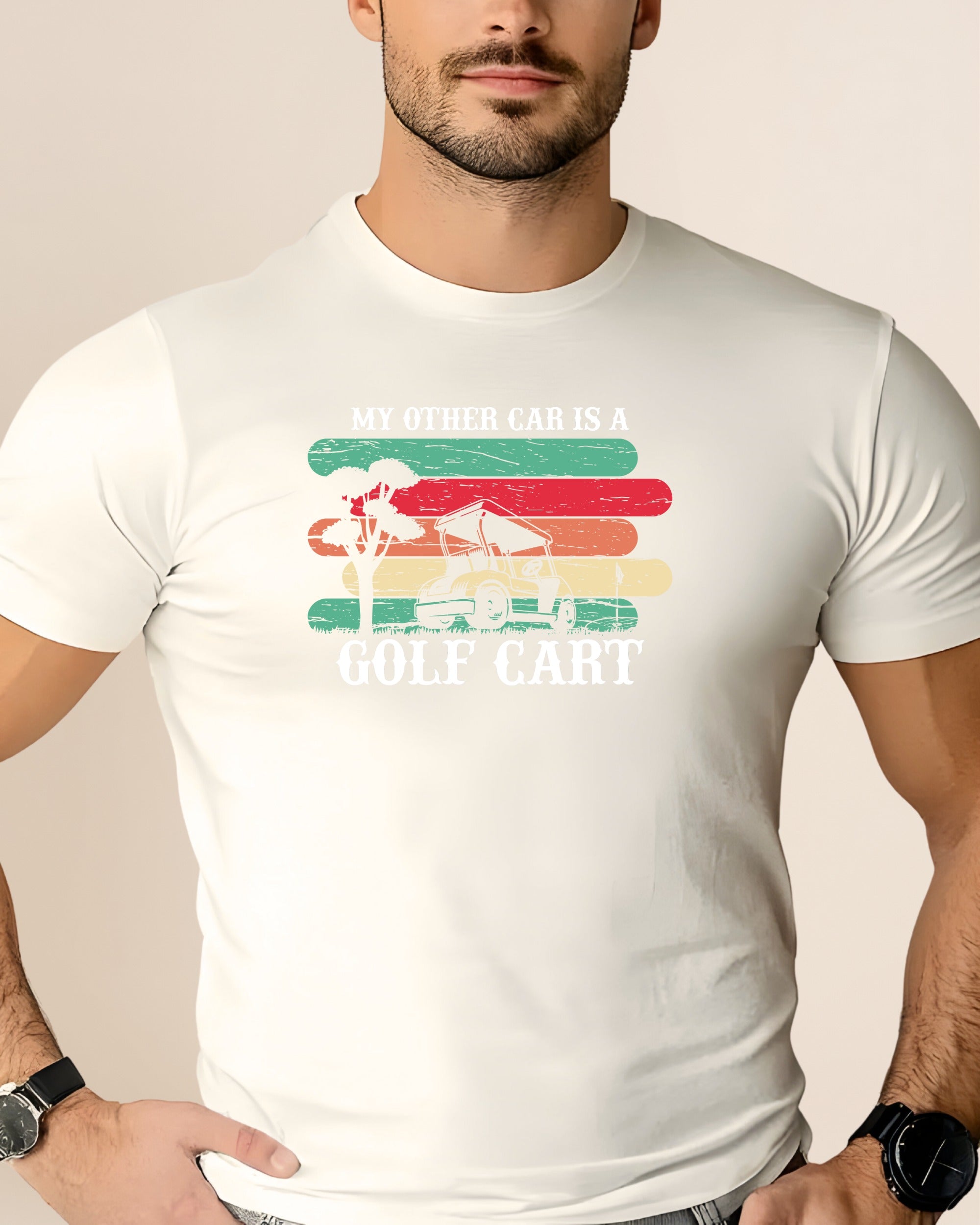 White t-shirt with "MY OTHER CAR IS A GOLF CART" and a retro sunset graphic.