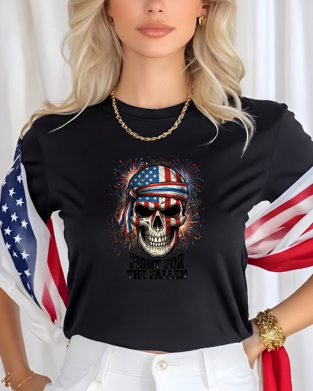 Black t-shirt with skull wearing American flag bandana and "Fight for the Fallen" text.