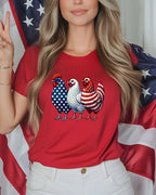 Red t-shirt with patriotic chickens and US flag accent.