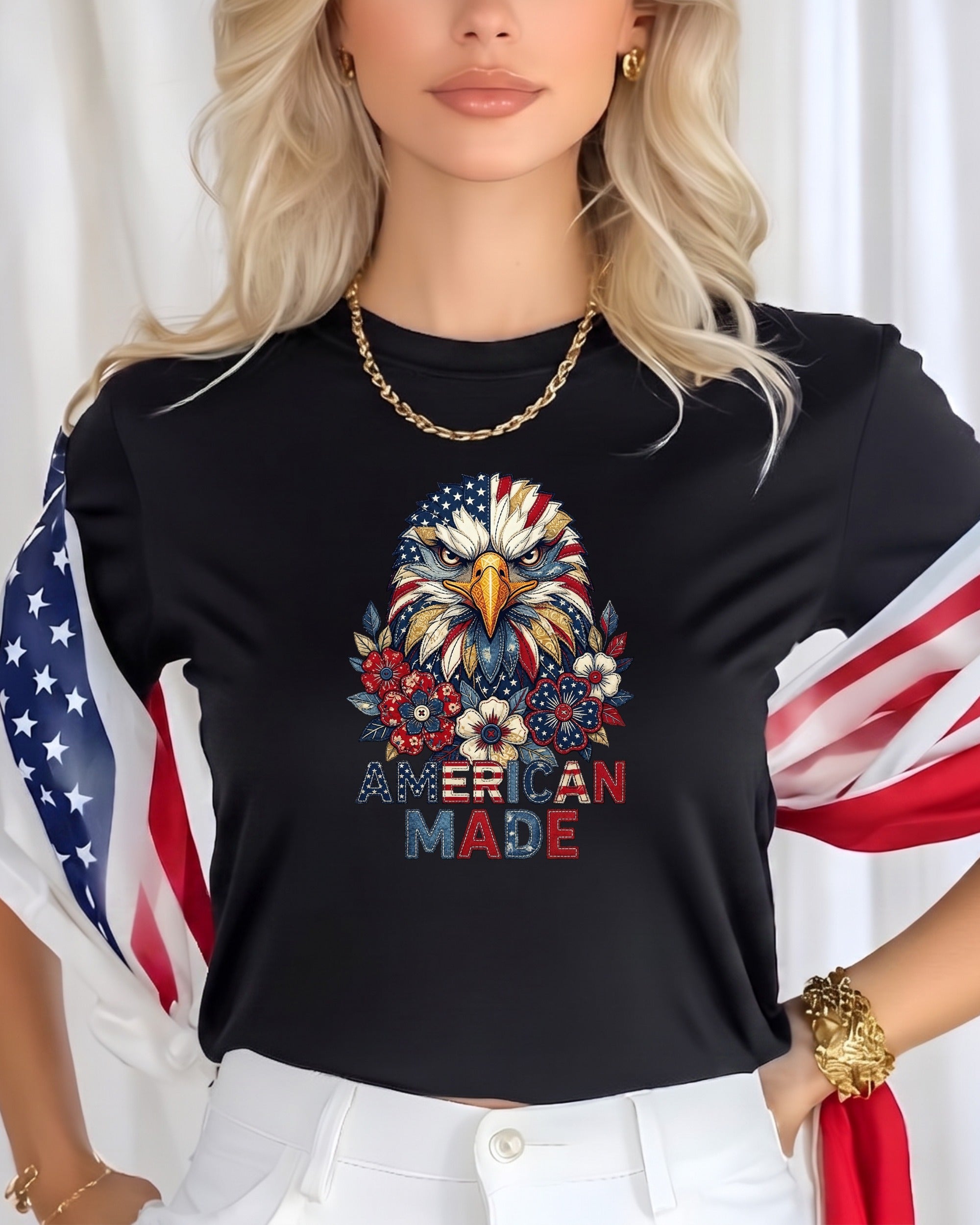 Black t-shirt with eagle, flag pattern, and "AMERICAN MADE" text.