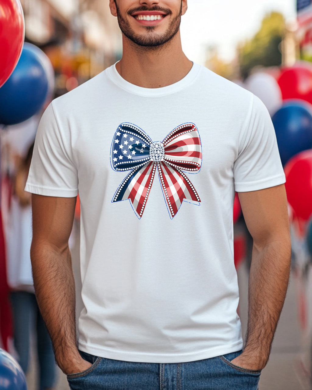 White t-shirt with patriotic red, white, and blue bow graphic.