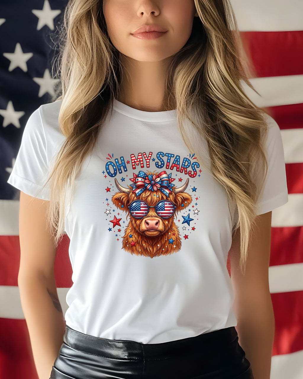 Highland cow with stars and flag sunglasses on white t-shirt.
