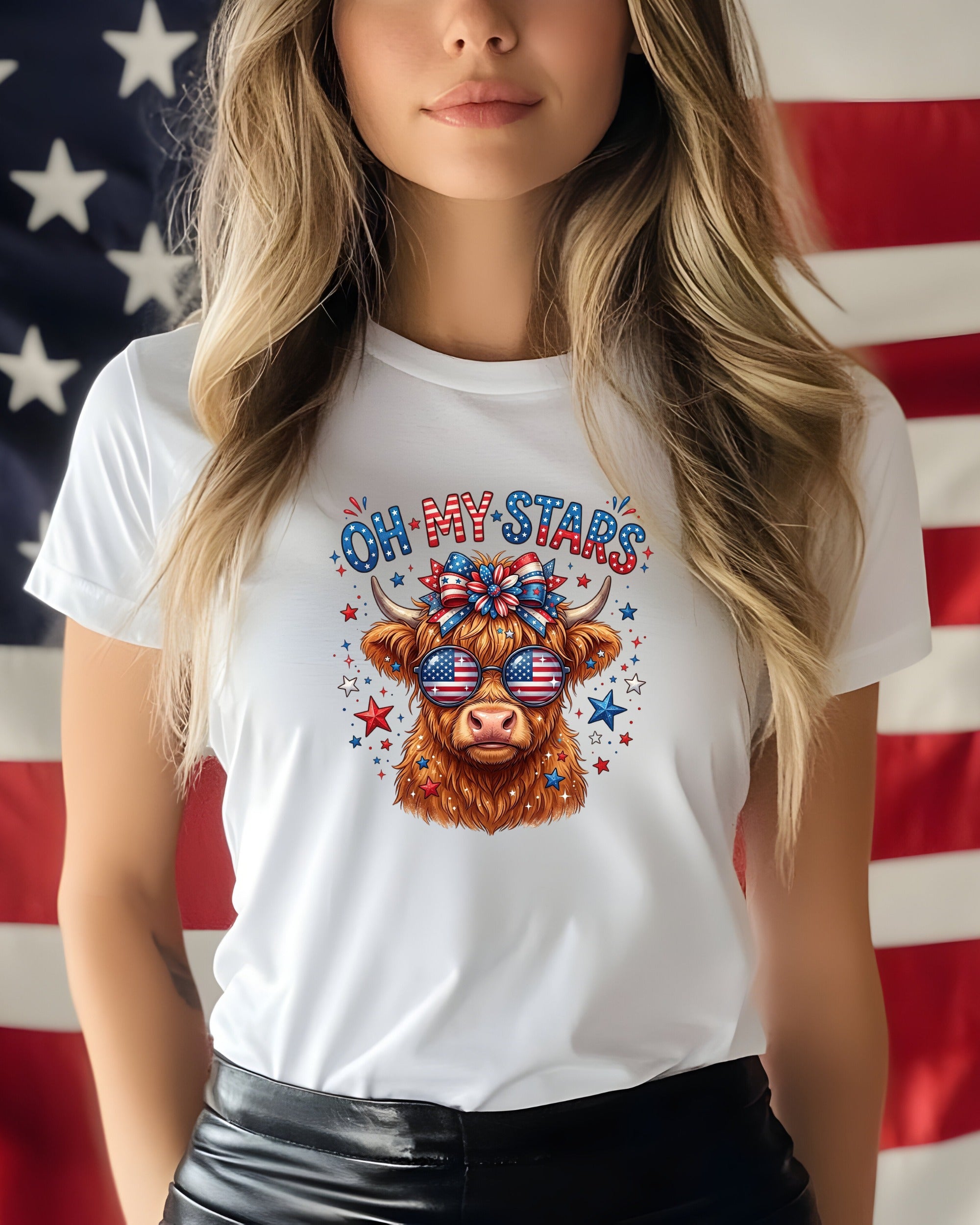 Highland cow with stars and flag sunglasses on white t-shirt.