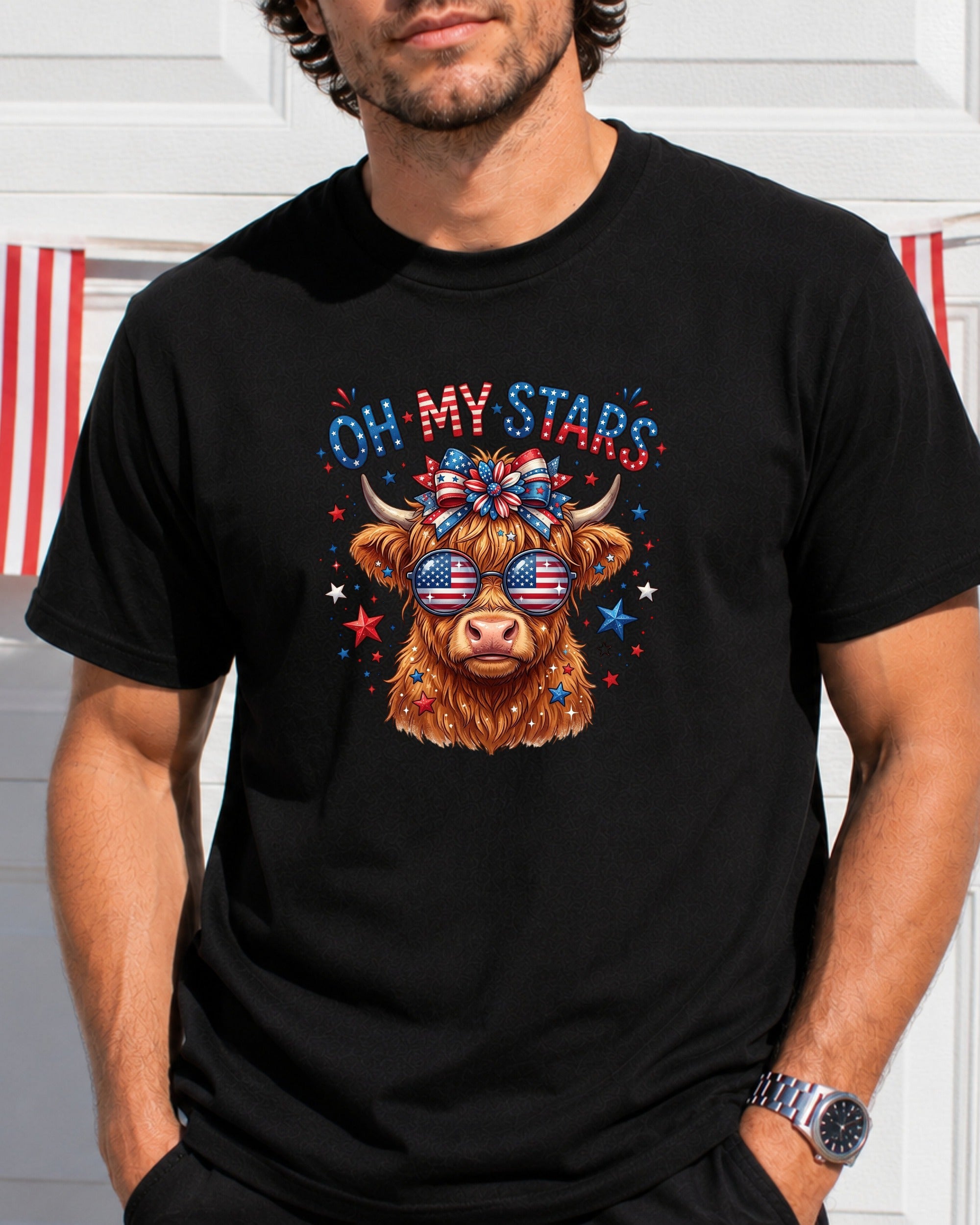 Highland cow wearing sunglasses and a bandana, with "Oh My Stars" text.