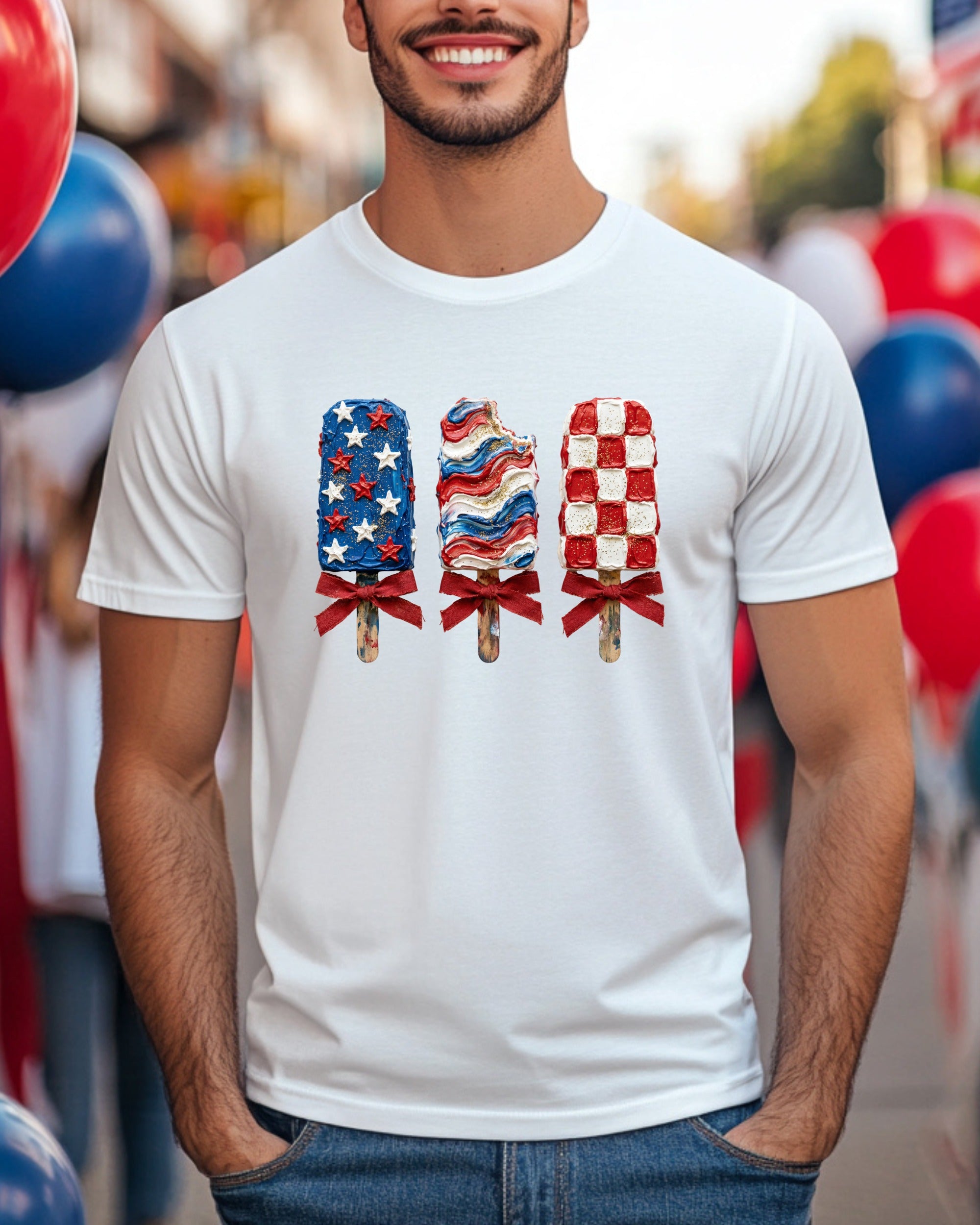 Three patriotic popsicles with stars and checkered patterns on a white t-shirt.