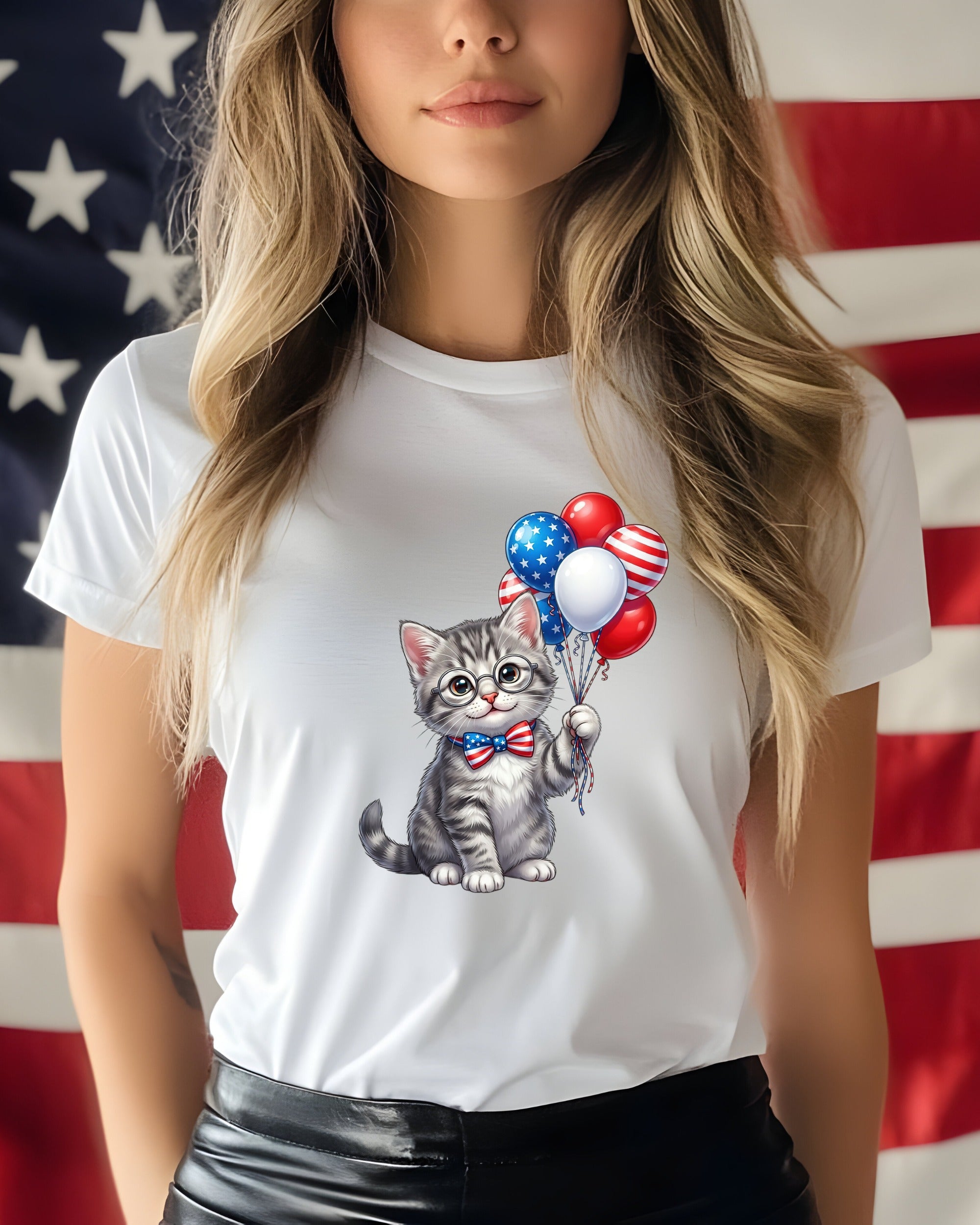 Cat wearing a bow tie holding patriotic balloons in front of a US flag.
