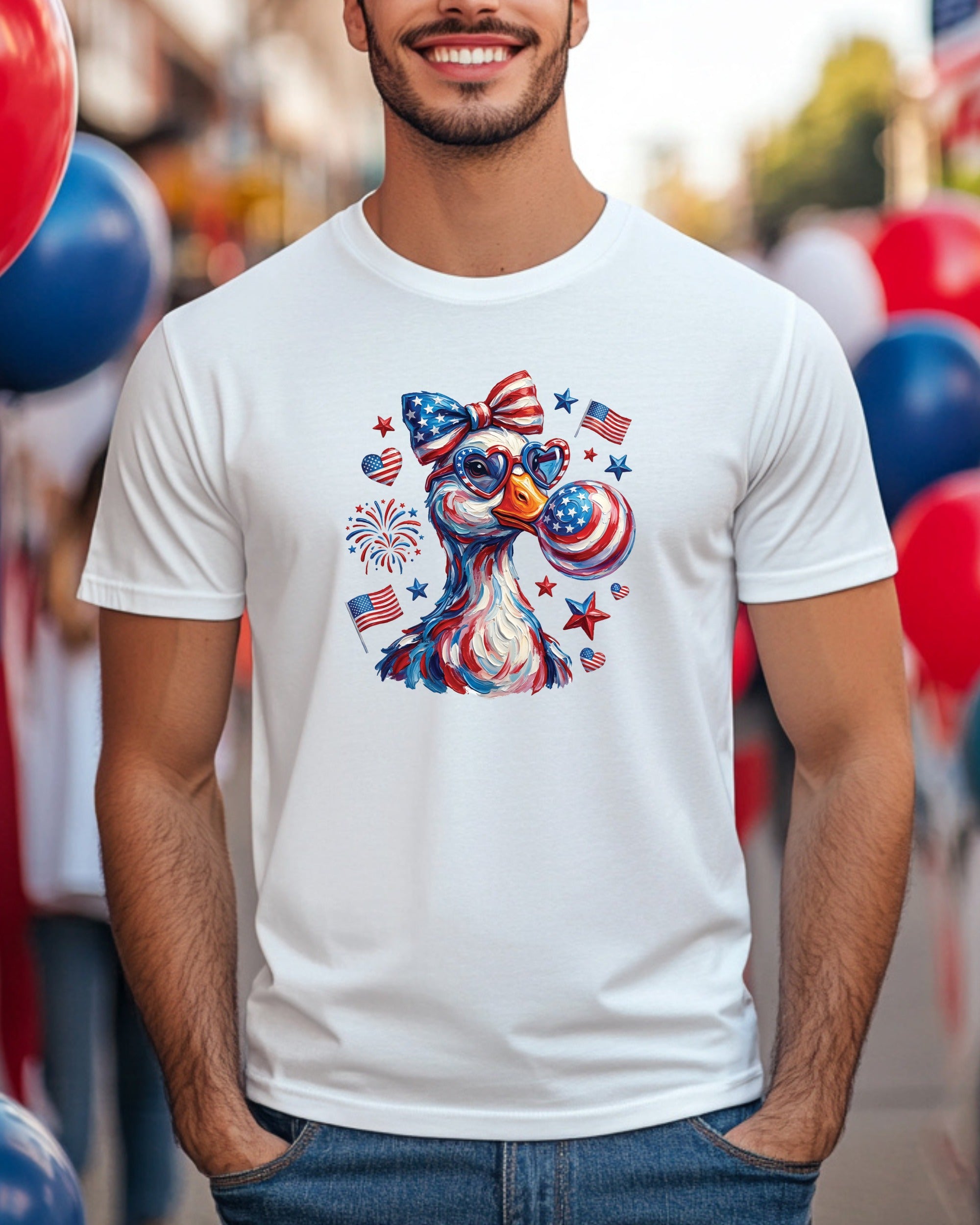 T-shirt featuring a cartoon duck wearing sunglasses and an American flag bow.
