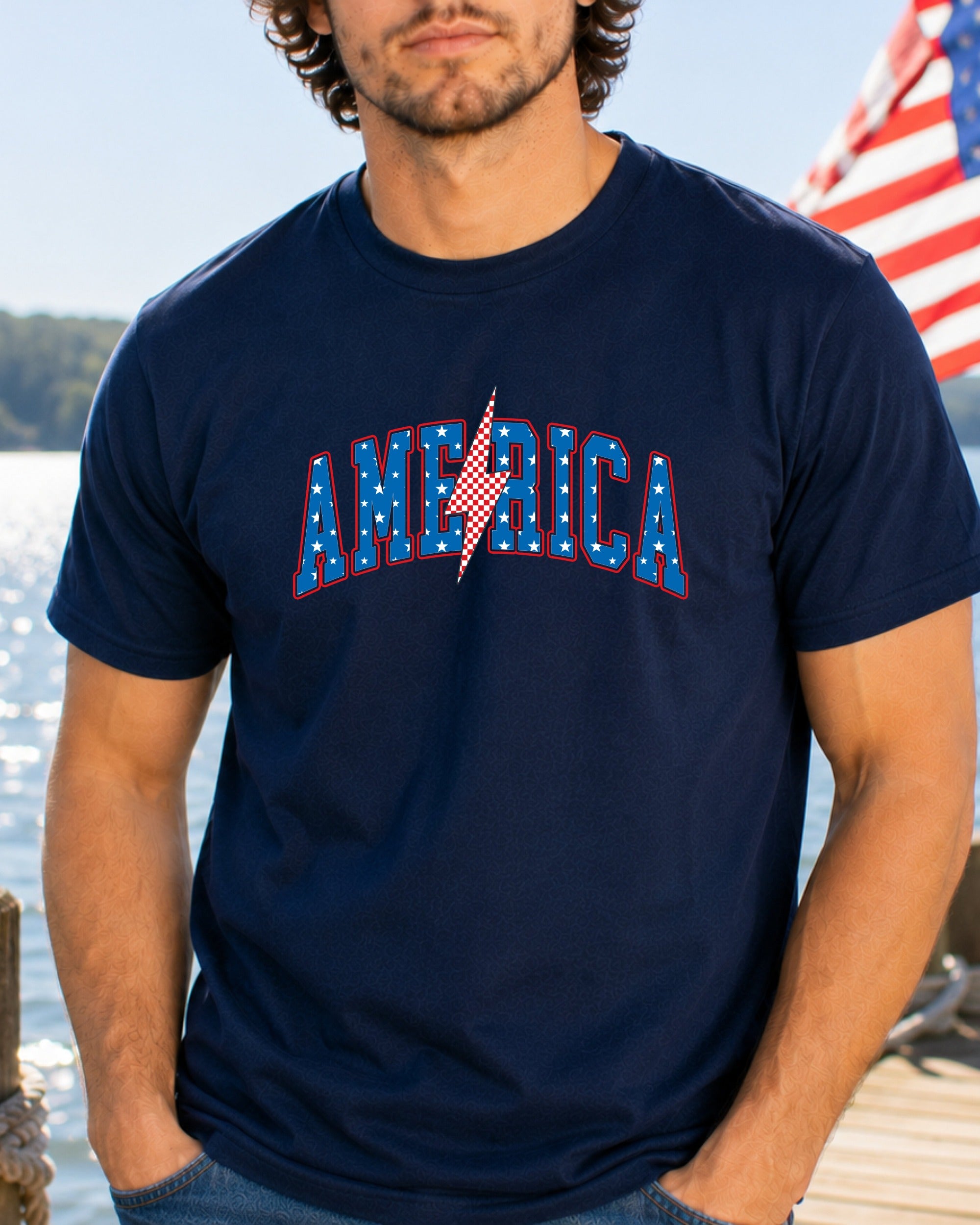 Navy t-shirt with red, white, and blue "AMERICA" text and lightning bolt.