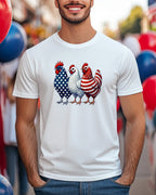 Three patriotic chickens dressed in American flag patterns on a white t-shirt.