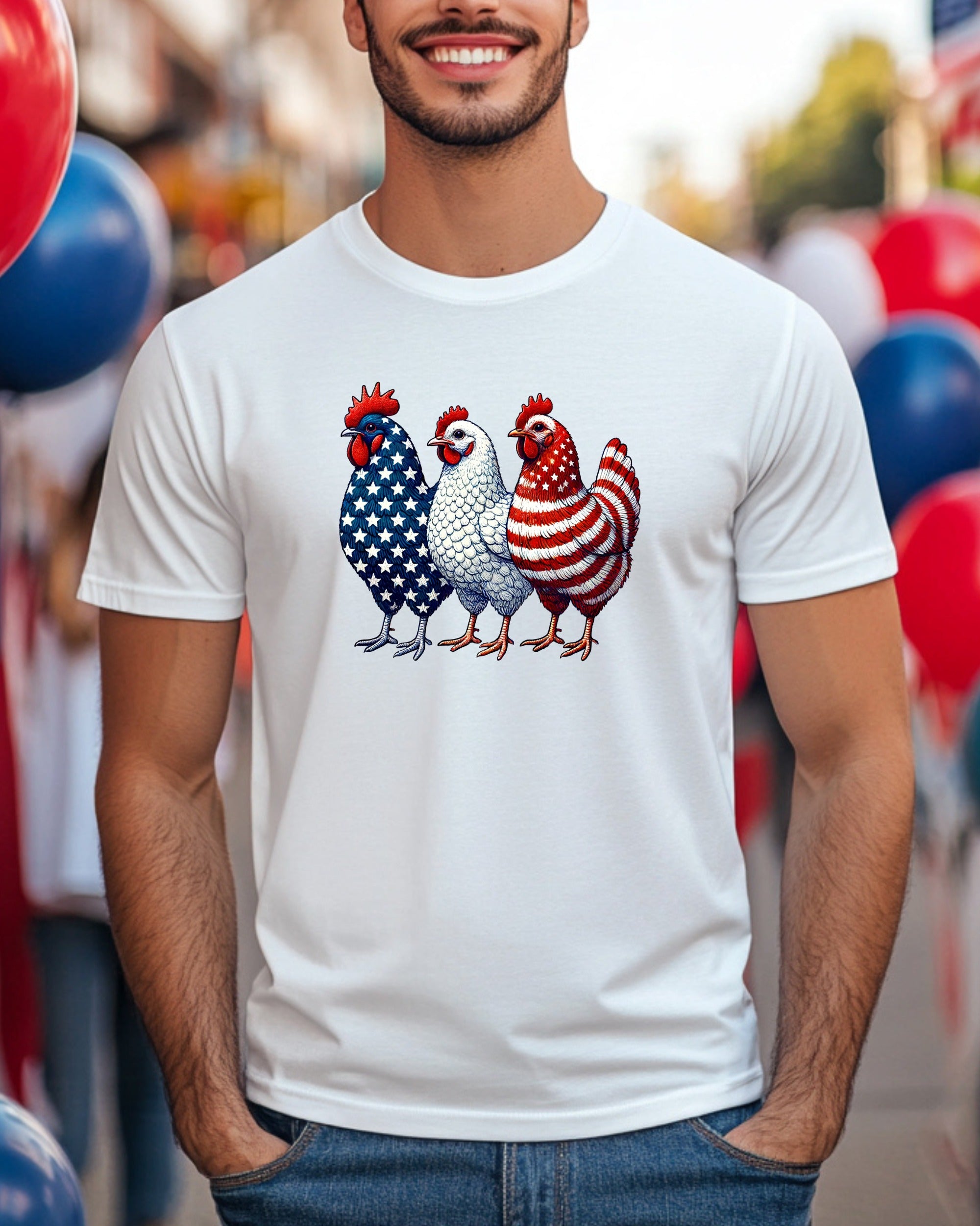 Three patriotic chickens dressed in American flag patterns on a white t-shirt.