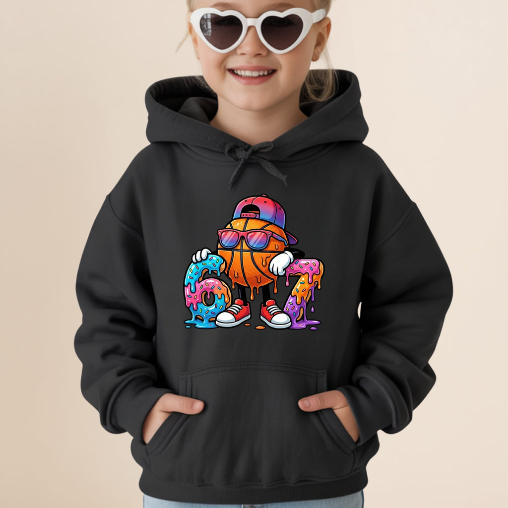 Cartoon basketball character with donuts as legs on a black hoodie.