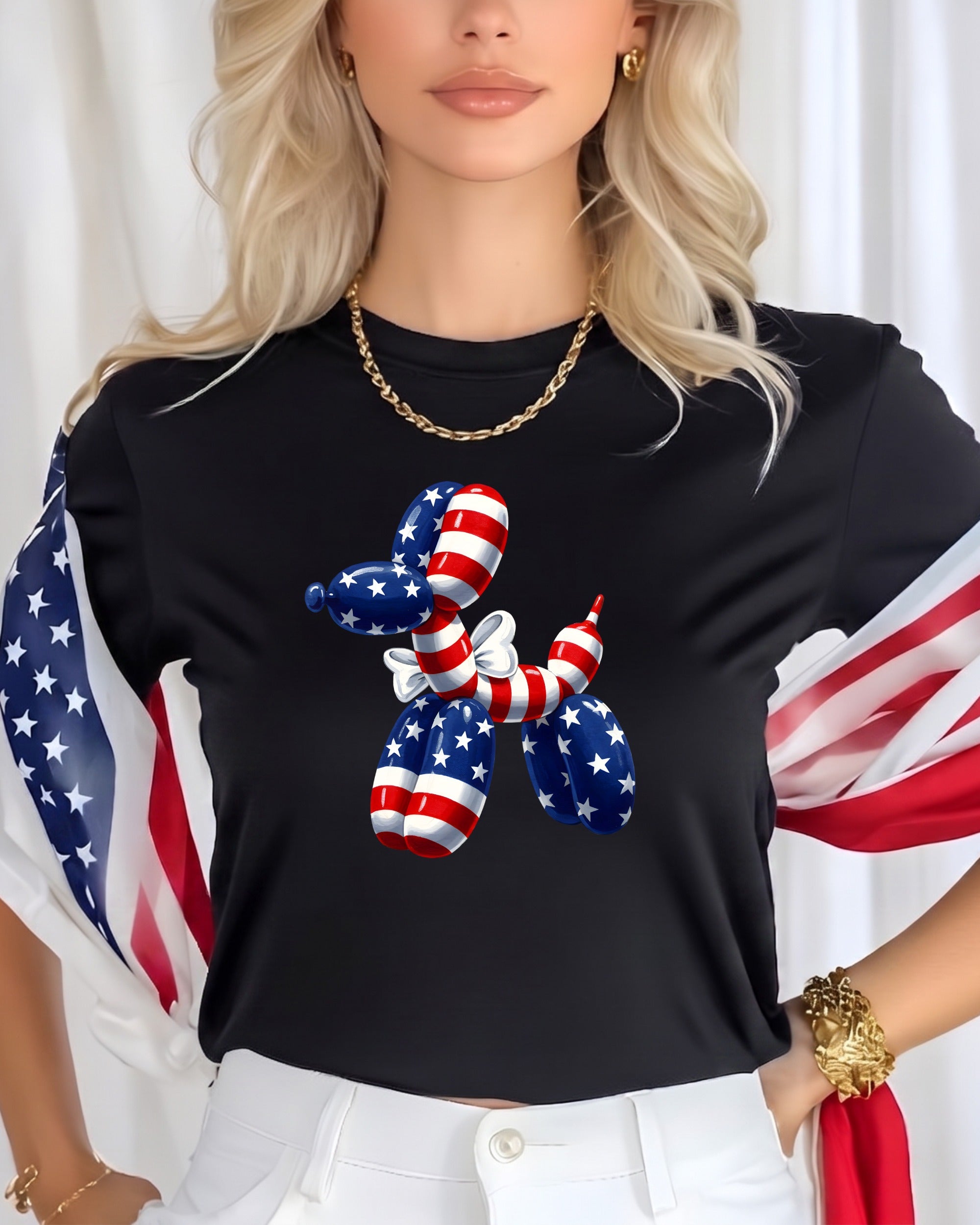Black t-shirt with patriotic balloon dog graphic and American flag accents.