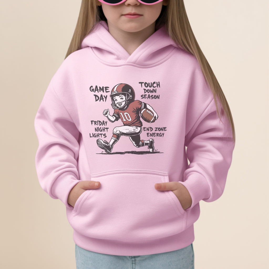 Pink hoodie with cartoon football player and text "GAME DAY TOUCH DOWN SEASON FRIDAY NIGHT LIGHTS END ZONE ENERGY".