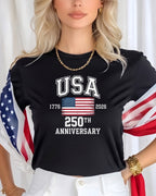 Black t-shirt with "USA 1776 2026 250th ANNIVERSARY" and American flag graphic.