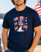 Goose wearing patriotic hat and sunglasses, surrounded by American flags and stars.