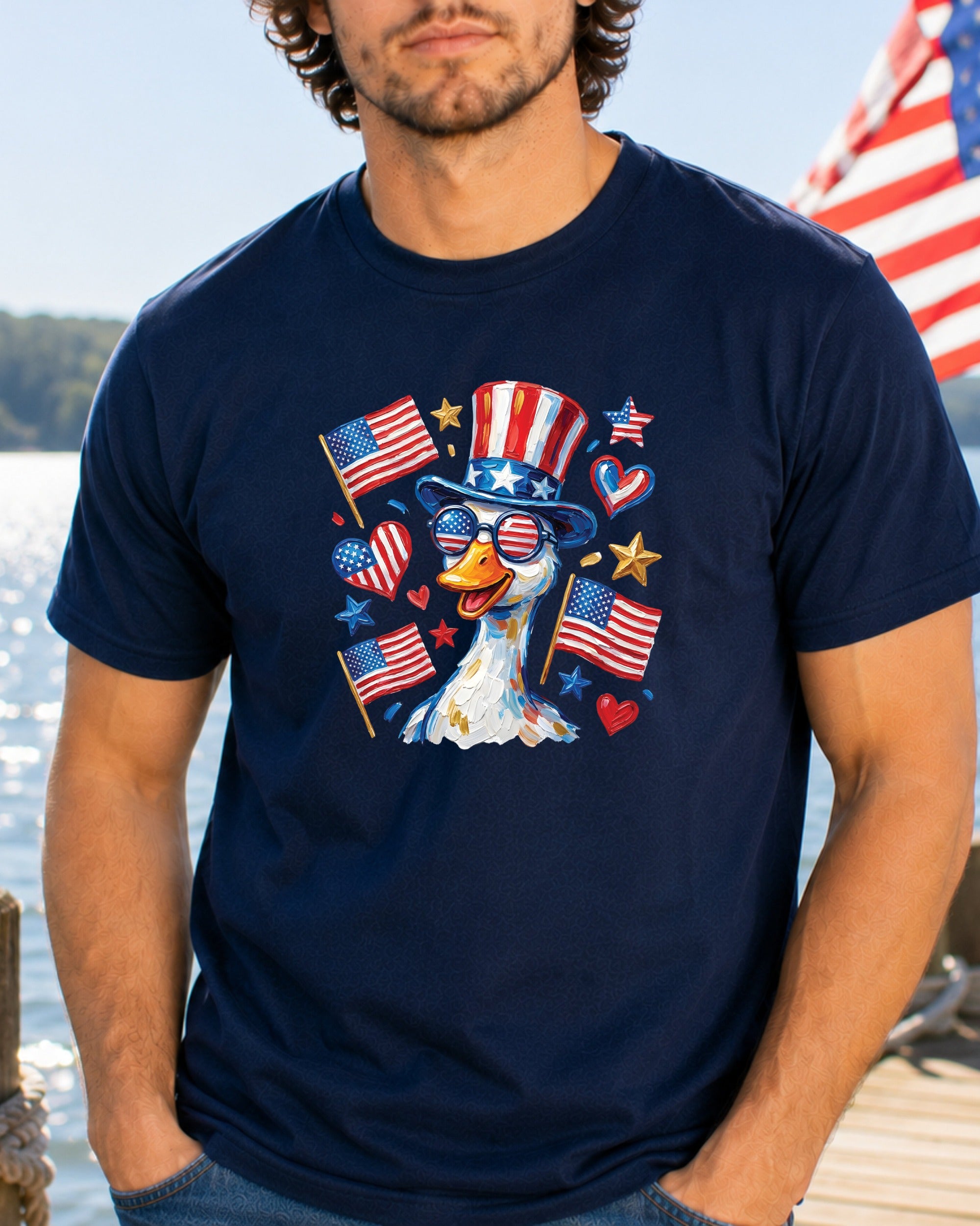 Goose wearing patriotic hat and sunglasses, surrounded by American flags and stars.