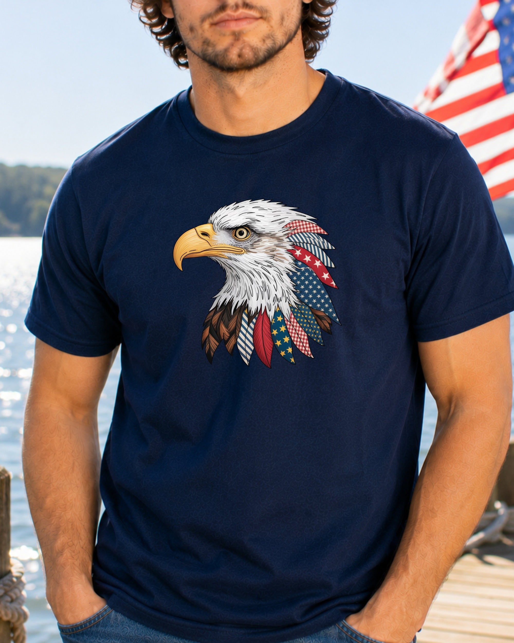 Navy t-shirt with a bald eagle head design featuring American flag patterns.