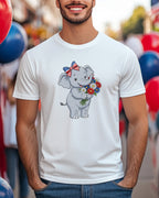Cartoon elephant wearing patriotic bow holding a bouquet of colorful flowers.