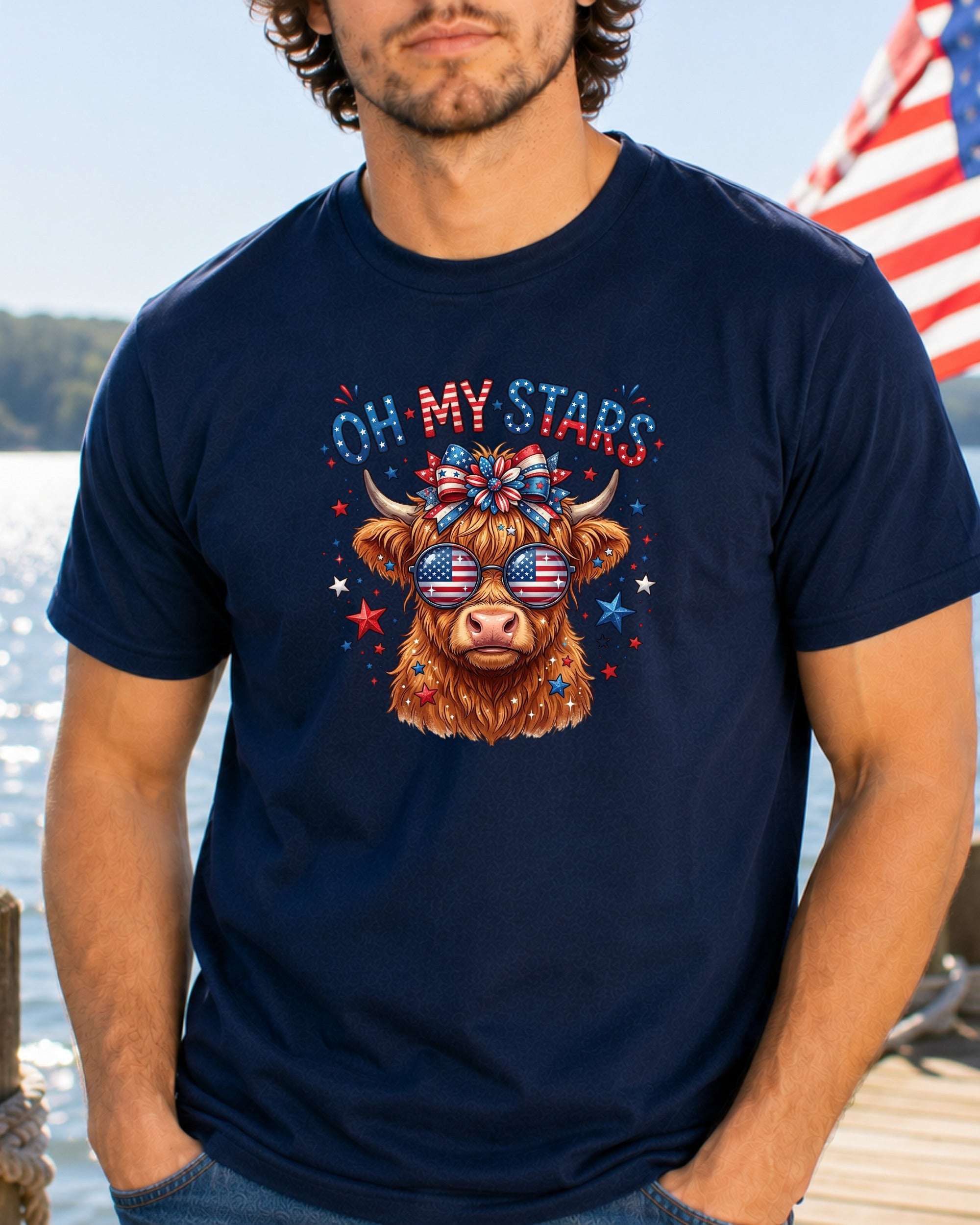Highland cow wearing sunglasses and bandana, "Oh My Stars" text.