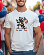 Raccoon in trash can holding American flag and bottle, "Red White & Feral" text.