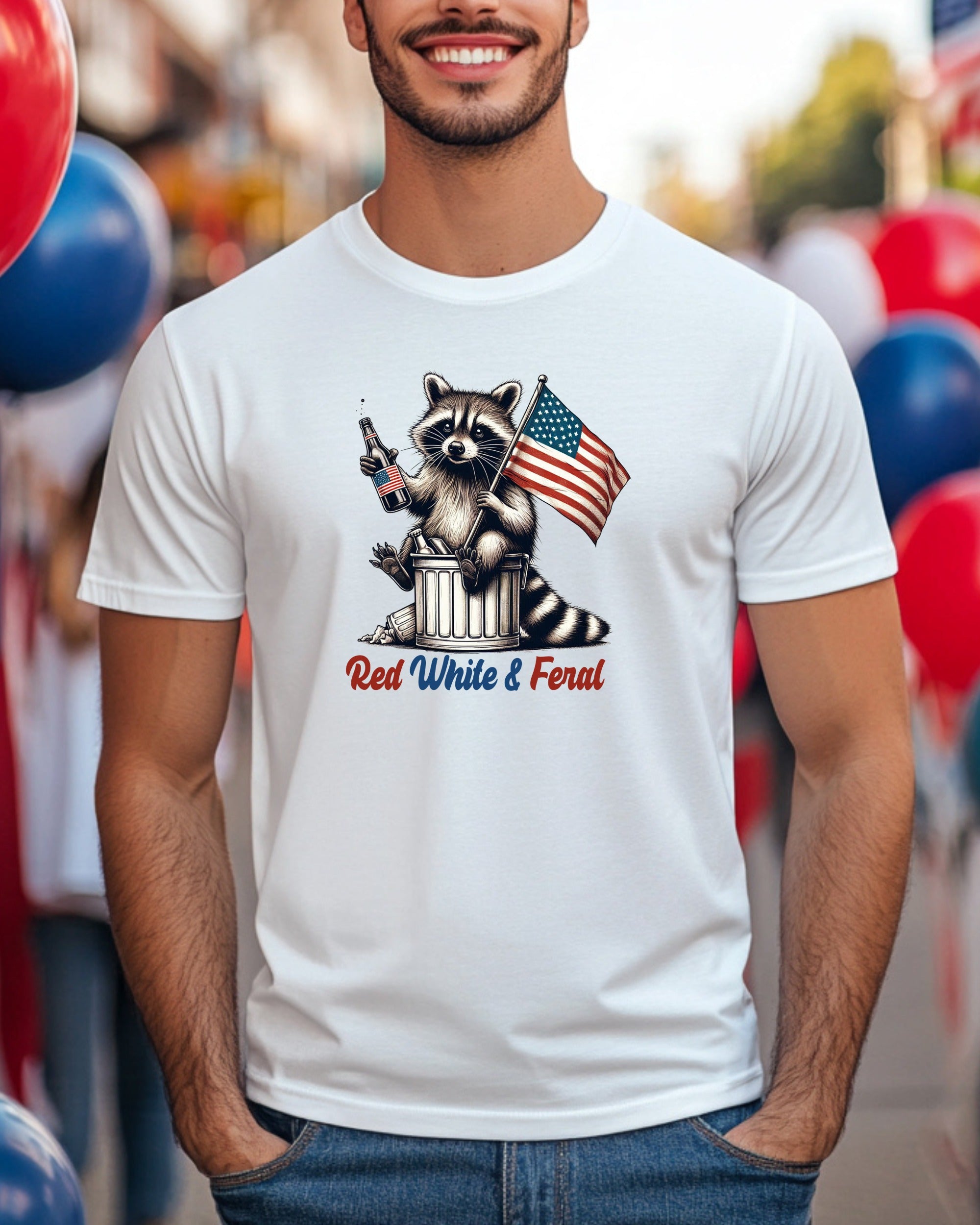 Raccoon in trash can holding American flag and bottle, "Red White & Feral" text.