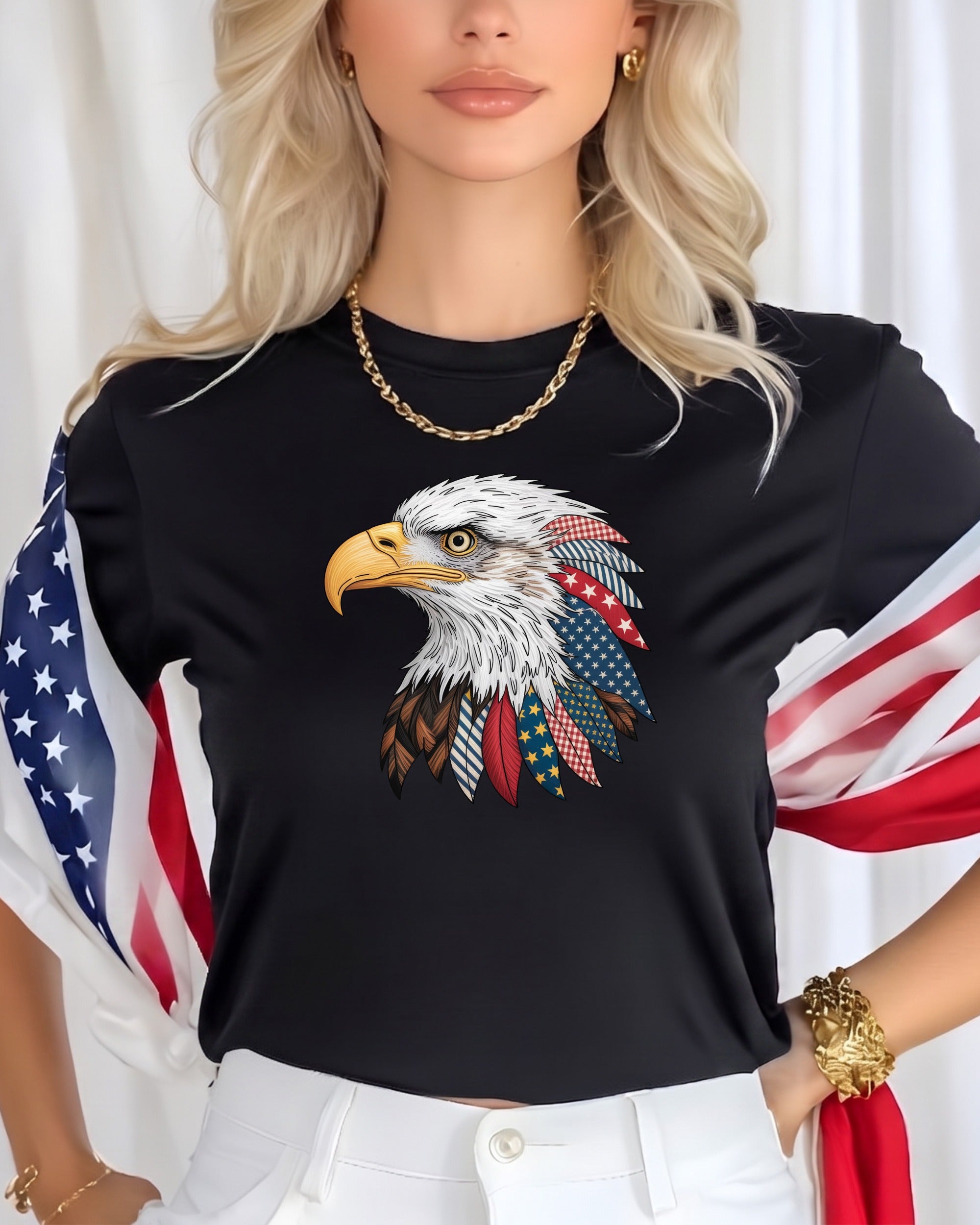 Black t-shirt with a patriotic eagle head graphic and American flag draped over shoulders.
